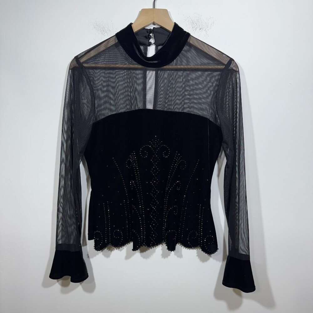 JR Nites by Caliendo Womens Velvet Beaded High Neck Blouse Top Sz 8 Goth Witchy